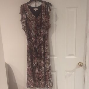 LOFT Brown and Cream Flutter Sleeve Midi Dress